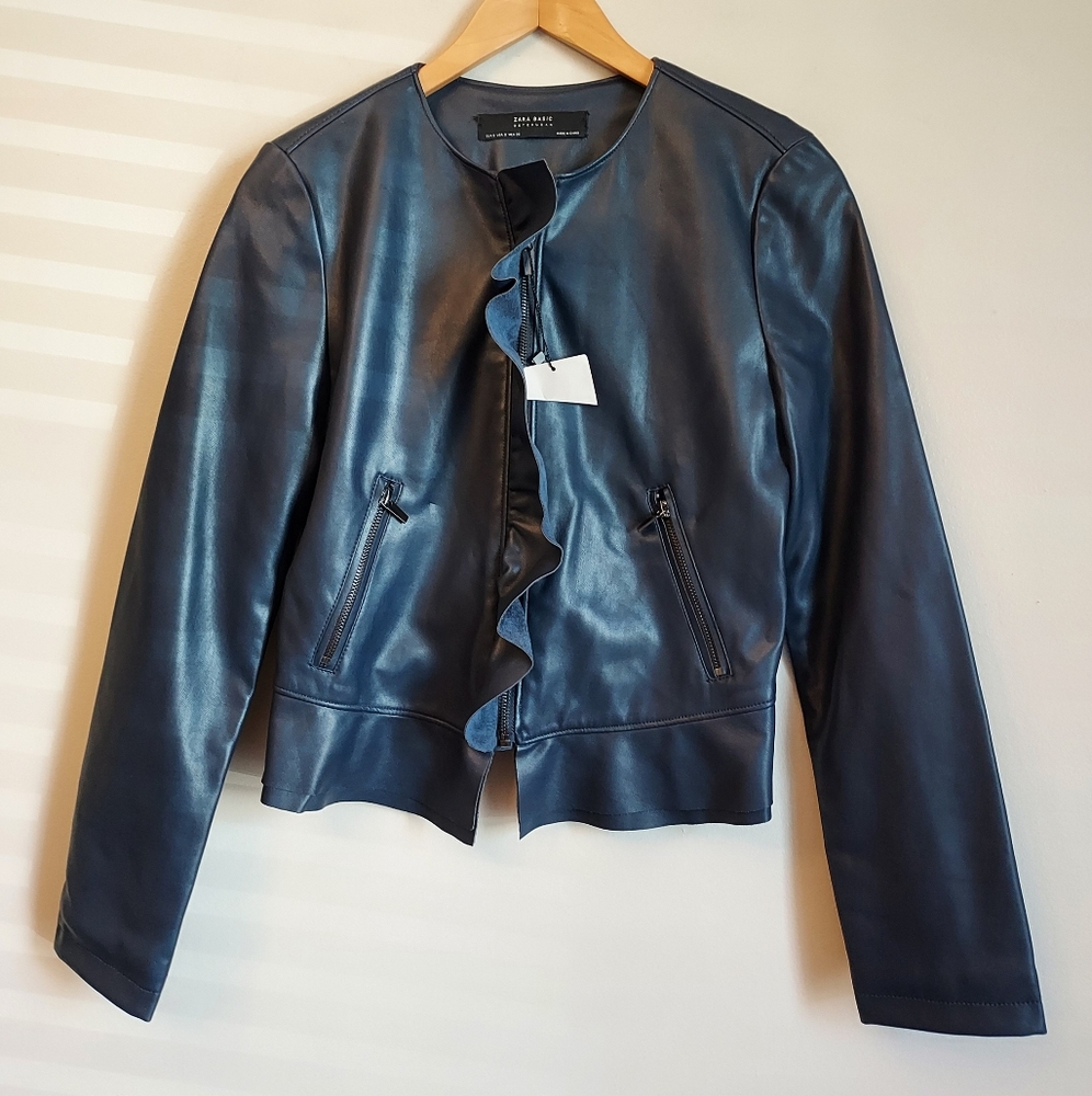 Zara Blue Ruffle Faux Leather Jacket Size Small NEW NWT - Picture 2 of 9